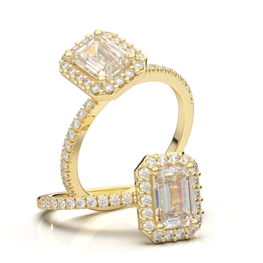 1.0 CT Emerald Cut Halo Engagement Ring, Moissanite Wedding Ring, Half Eternity Bridal Ring, Promise Ring, 14K White Gold Diamond Halo Ring
