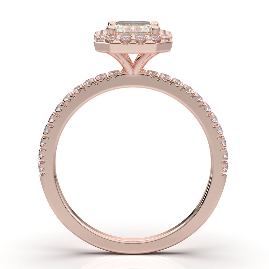 1.0 CT Emerald Cut Halo Engagement Ring, Moissanite Wedding Ring, Half Eternity Bridal Ring, Promise Ring, 14K Rose Gold Diamond Halo Ring