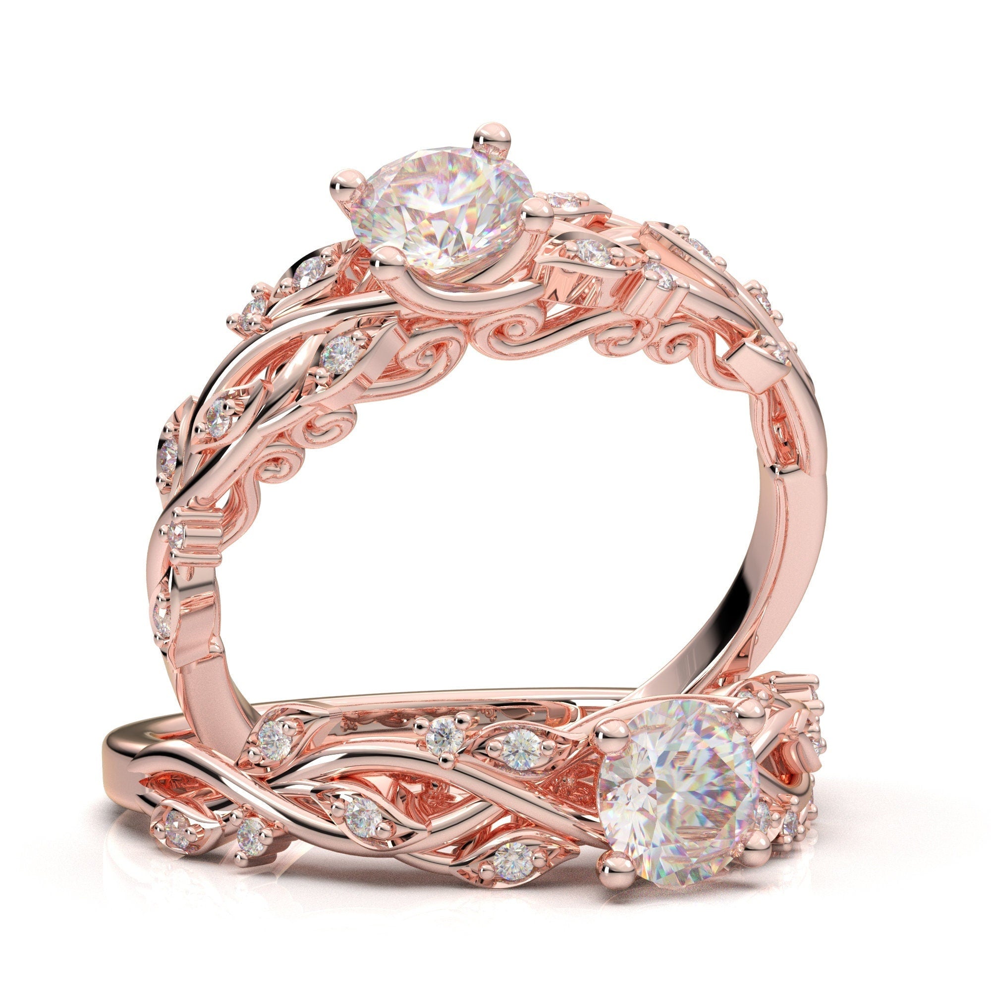 Vintage Diamond Art Deco Engagement Ring Style - Art Deco Filigree 3 Stone Diamond Ring in 14 Karat Rose ( Pink ) Gold
