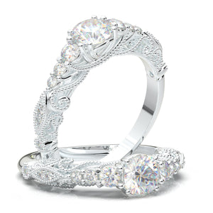 Three Stone Engagement Ring, Art Deco Bridal Ring, 14K Solid Gold Ring, Vintage Inspired Moissanite Ring, Promise Ring, Diamond Wedding Ring