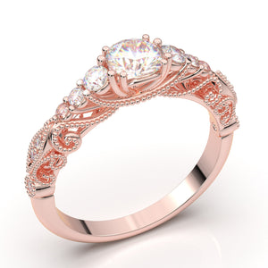 Three Stone Engagement Ring, Art Deco Bridal Ring, 14K Rose Gold Ring, Vintage Inspired Moissanite Ring, Promise Ring, Diamond Wedding Ring