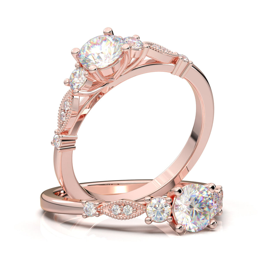 Art Deco Engagement Ring, Three Stone Wedding Ring, 14K White Gold Ring For Her, Vintage Inspired Milgrain Band, Anniversary Promise Ring