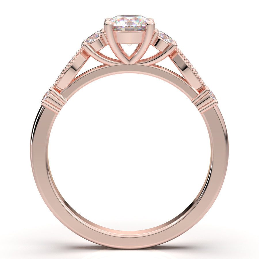 Art Deco Engagement Ring, Three Stone Wedding Ring, 14K Rose Gold Ring For Her, Vintage Inspired Milgrain Band, Anniversary Promise Ring