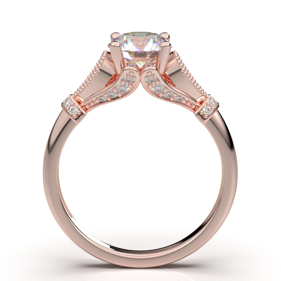 Art Deco Engagement Ring - Vintage Inspire Ring - Antique Style - Round Cut Diamond Ring - 1 Carat - 14K Rose Gold- Moissanite Ring For Her
