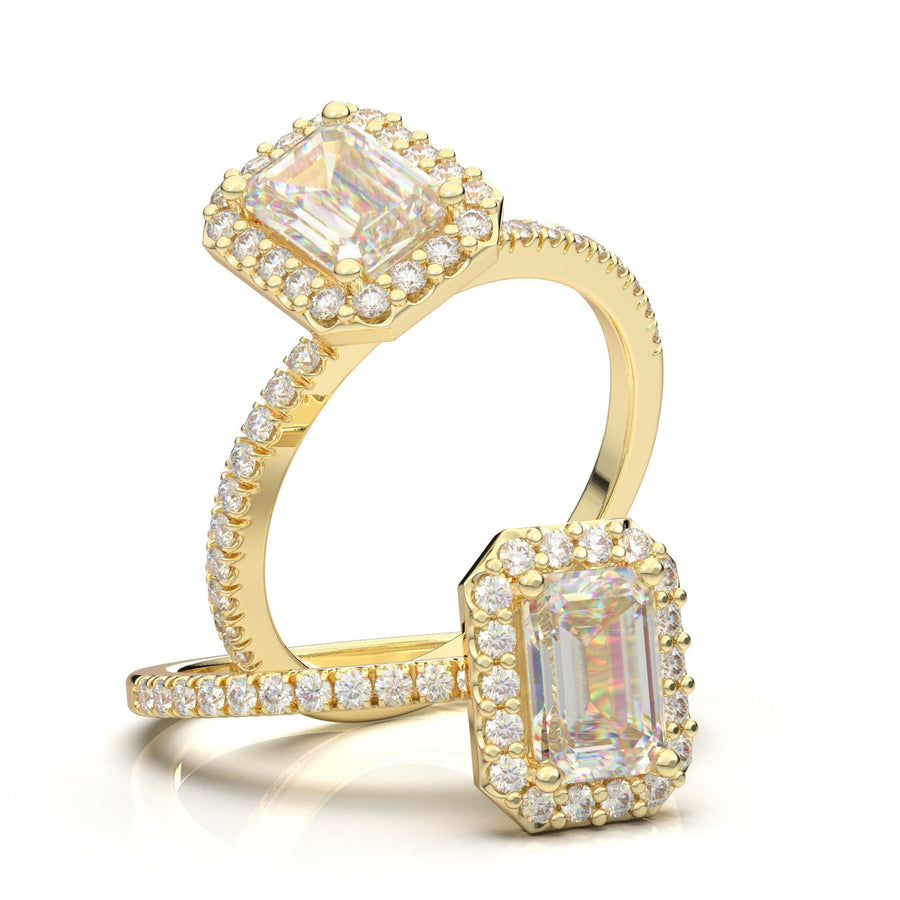 1.0 CT Emerald Cut Halo Engagement Ring, Moissanite Wedding Ring, Half Eternity Bridal Ring, Promise Ring, 14K Solid Gold Diamond Halo Ring
